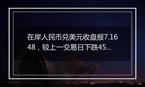 在岸人民币兑美元收盘报7.1648，较上一交易日下跌45点
