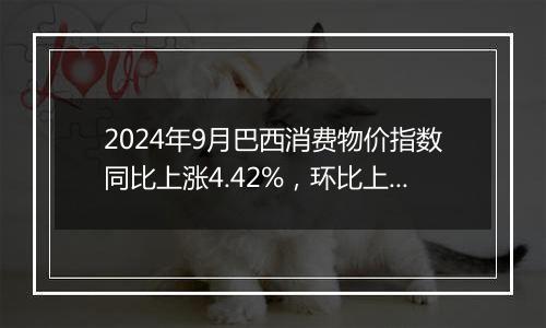 2024年9月巴西消费物价指数同比上涨4.42%,环比上涨0.44%