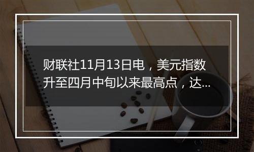 财联社11月13日电，美元指数升至四月中旬以来最高点，达到106.50