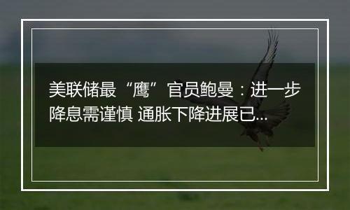 美联储最“鹰”官员鲍曼:进一步降息需谨慎 通胀下降进展已放缓